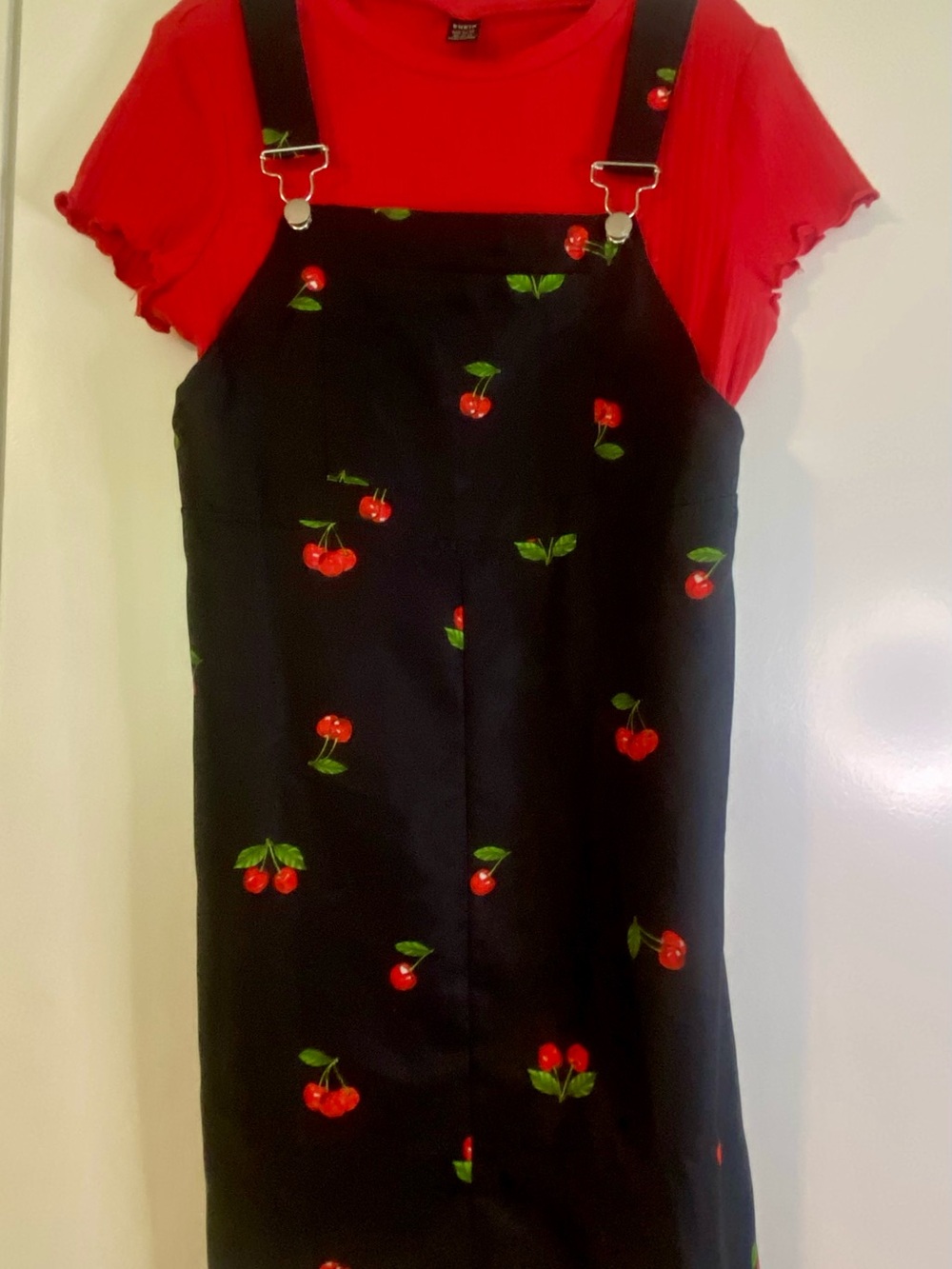 SHEIN Black Cherry Print Pinafore Dress with Red Tee